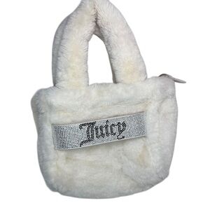 Juicy Couture Faux Fur Mini Tote Bag White Rhinestone Logo
